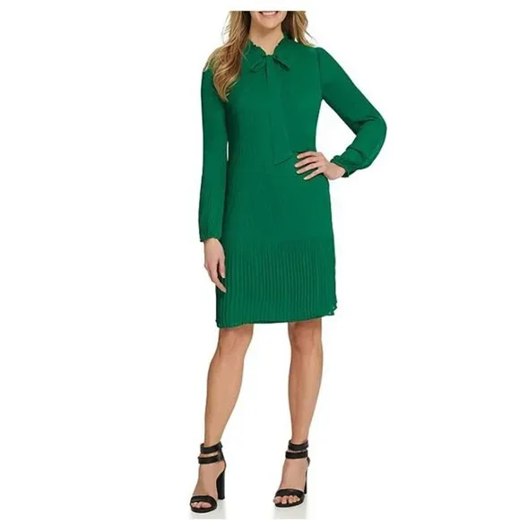 green emerald velvet dress DKNY Long Sleeve Tie Neck Pleated Shift Dress,Black, 2 at Amazon Women's  Clothing store
